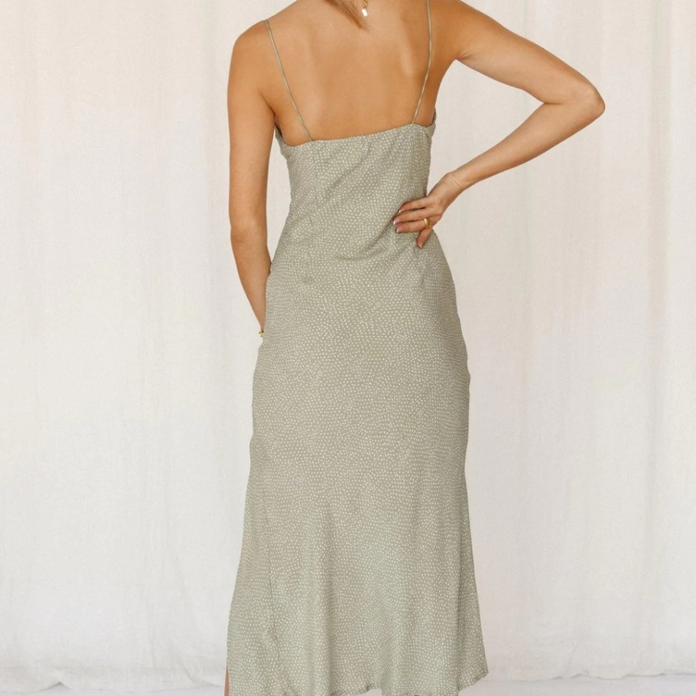 Hello Molly Olive Green Polka Dot Slip Midi Dress with Side Slit - Picture 14 of 15